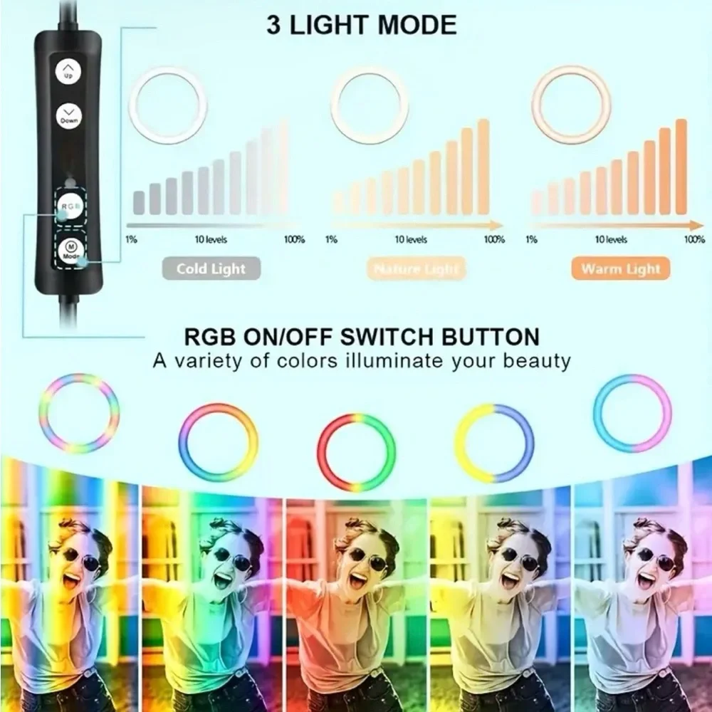 1pc 10 Inch Selfie Ring Colorful Fill Light, RGB Tripod Phone Holder, Photograph